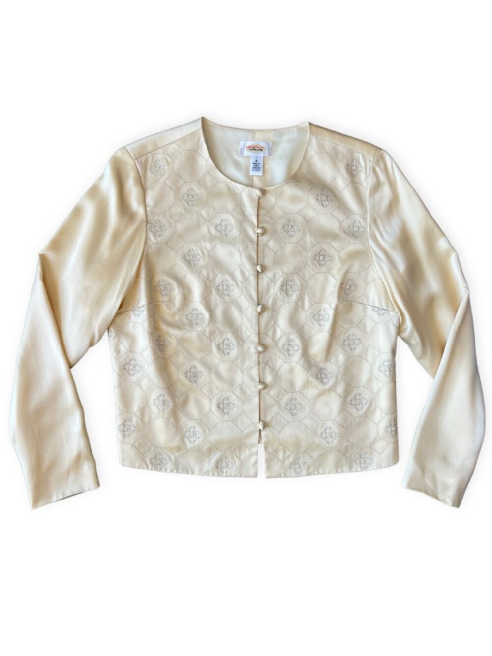 Vintage Talbots 100% Silk Embroidered Jacket Pearl Buttons Golden Ivory Womens 8